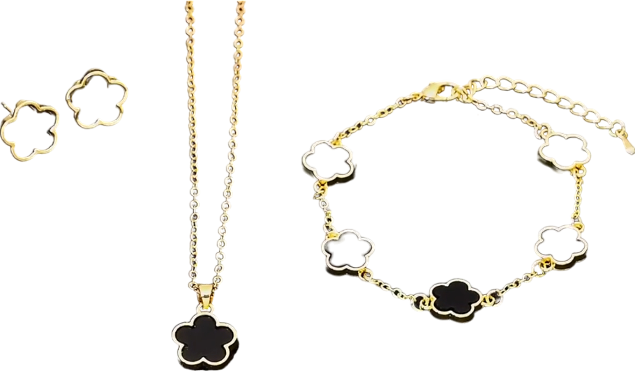 Black /gold 3 Piece Clover Bracelet/necklace/earrings Set One Size