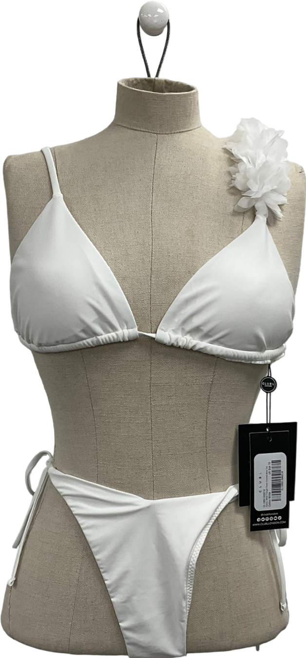 Club L White Triangle Flower Trimmed Bikini Top & String Bikini Bottoms UK 10