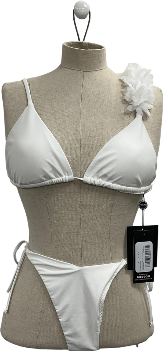 Club L White Triangle Flower Trimmed Bikini Top & String Bikini Bottoms UK 10