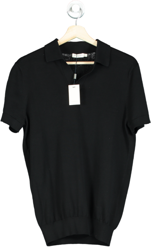 SuitSupply Black Californian Cotton & Mulberry Silk Buttonless Knit Polo Top UK L