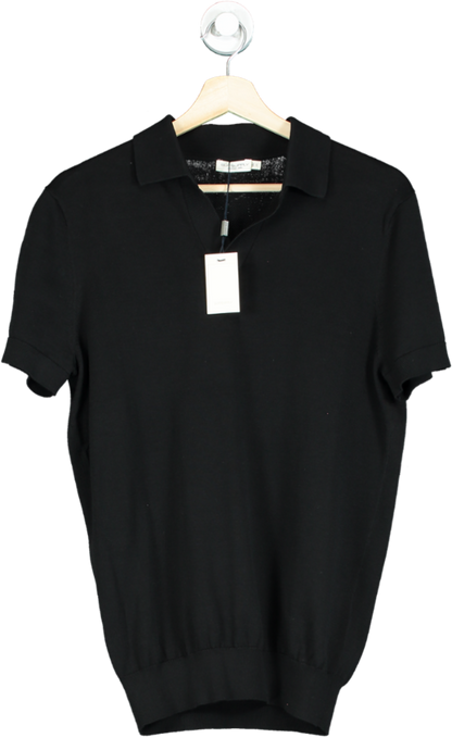 SuitSupply Black Californian Cotton & Mulberry Silk Buttonless Knit Polo Top UK L