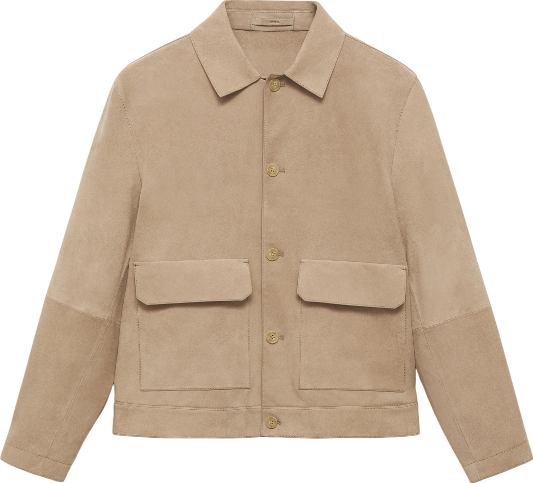 MANGO Beige 100% Suede Leather Jacket With Pockets UK M