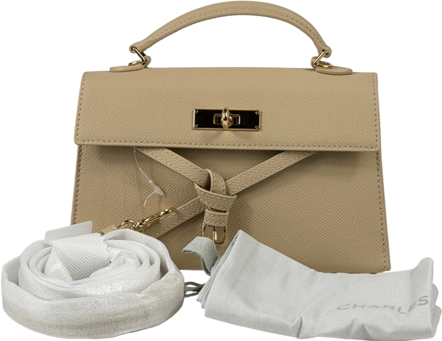 CHARLES & KEITH Beige Turn-lock Top Handle Bag With Crossbody Strap