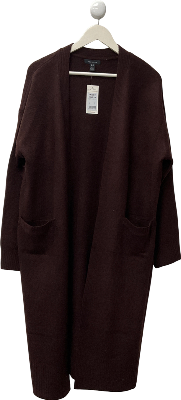 New Look Brown Burgundy Knit Pocket Front Midi Cardigan UK L