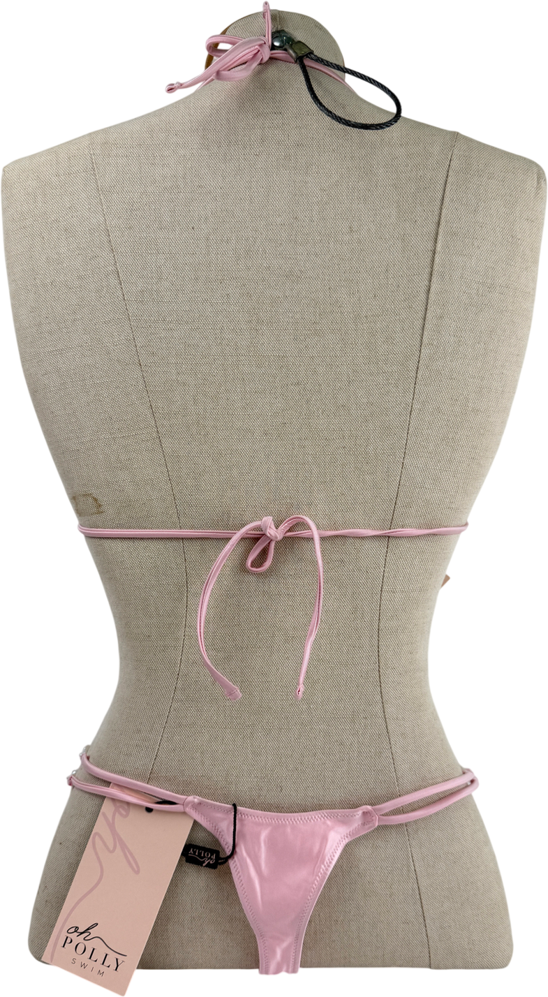 Oh Polly Pink Pearl-detail Double-strap Thong Bikini Set UK XS