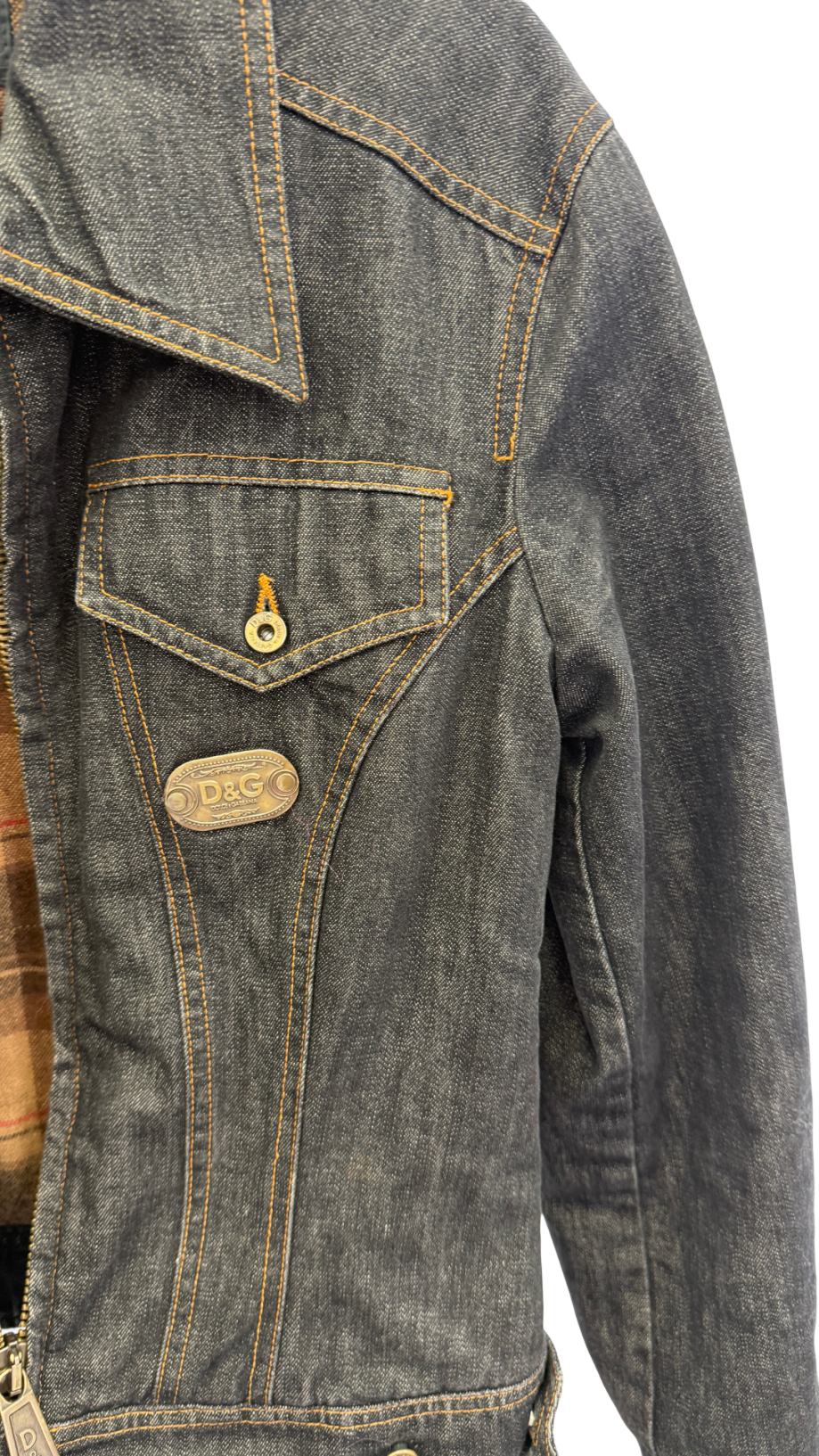 D&G DOLCE & GABBANA Blue Plaid Flannel Lined Denim Zip-up Jacket With Metal Logo Plaque UK S