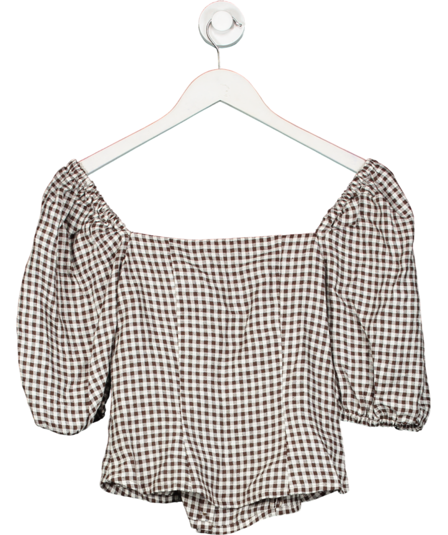 & Other Stories Brown Linen Puff Sleeve Gingham Top UK 10