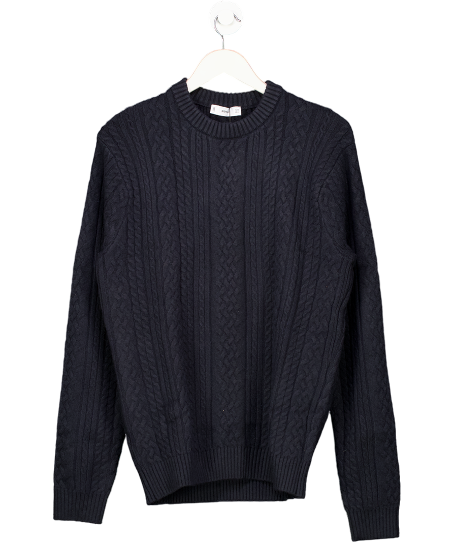 MANGO Navy Blue Wool Blend Cableknit Chinky Jumper UK M