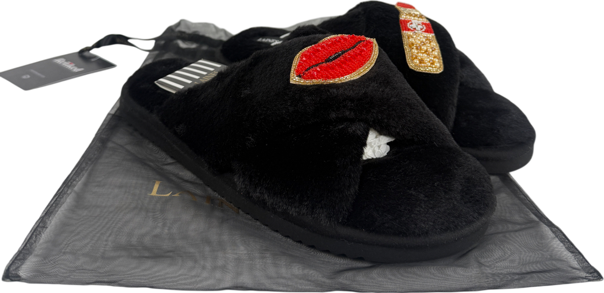 Laines London Black Lips And Lipstick Brooches Slippers - Size L UK 7/8