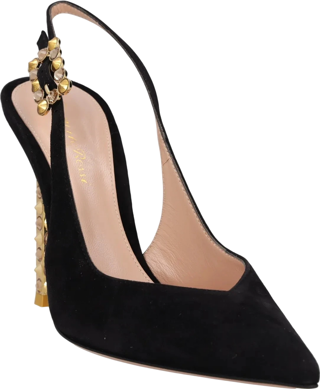 GIANVITO ROSSI Black Suede Leather & Gold Crystal Embellished 110mm Slingback Pumps UK 4 EU 37