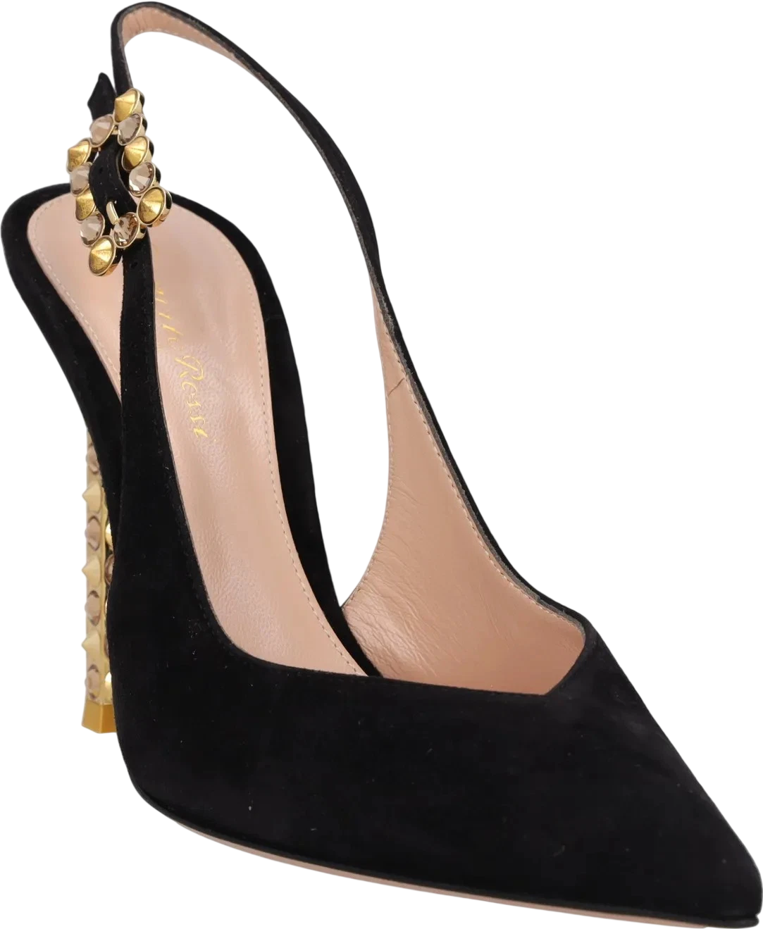 GIANVITO ROSSI Black Suede Leather & Gold Crystal Embellished 110mm Slingback Pumps UK 4 EU 37