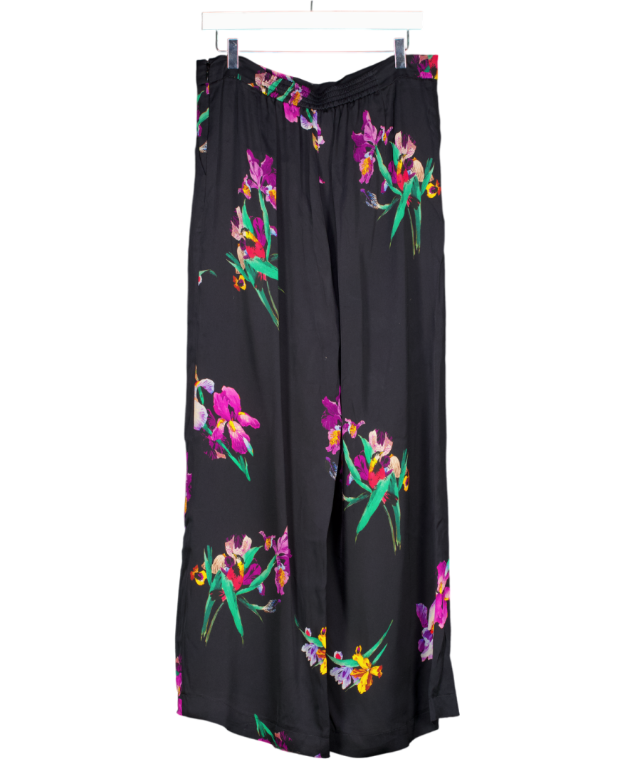 Etro Black Floral Satin Wide Leg Trousers UK 16