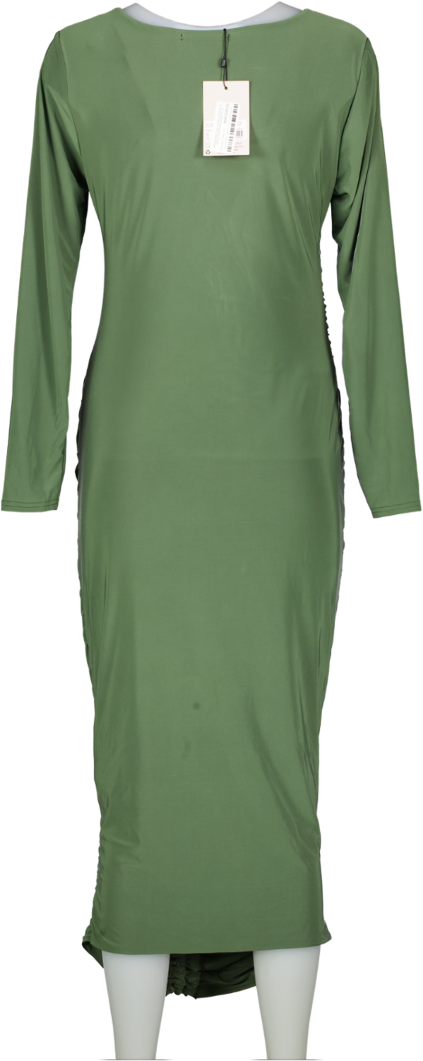 Missguided Green Khaki Long Sleeve Slinky Ruched Midi Dress UK 16