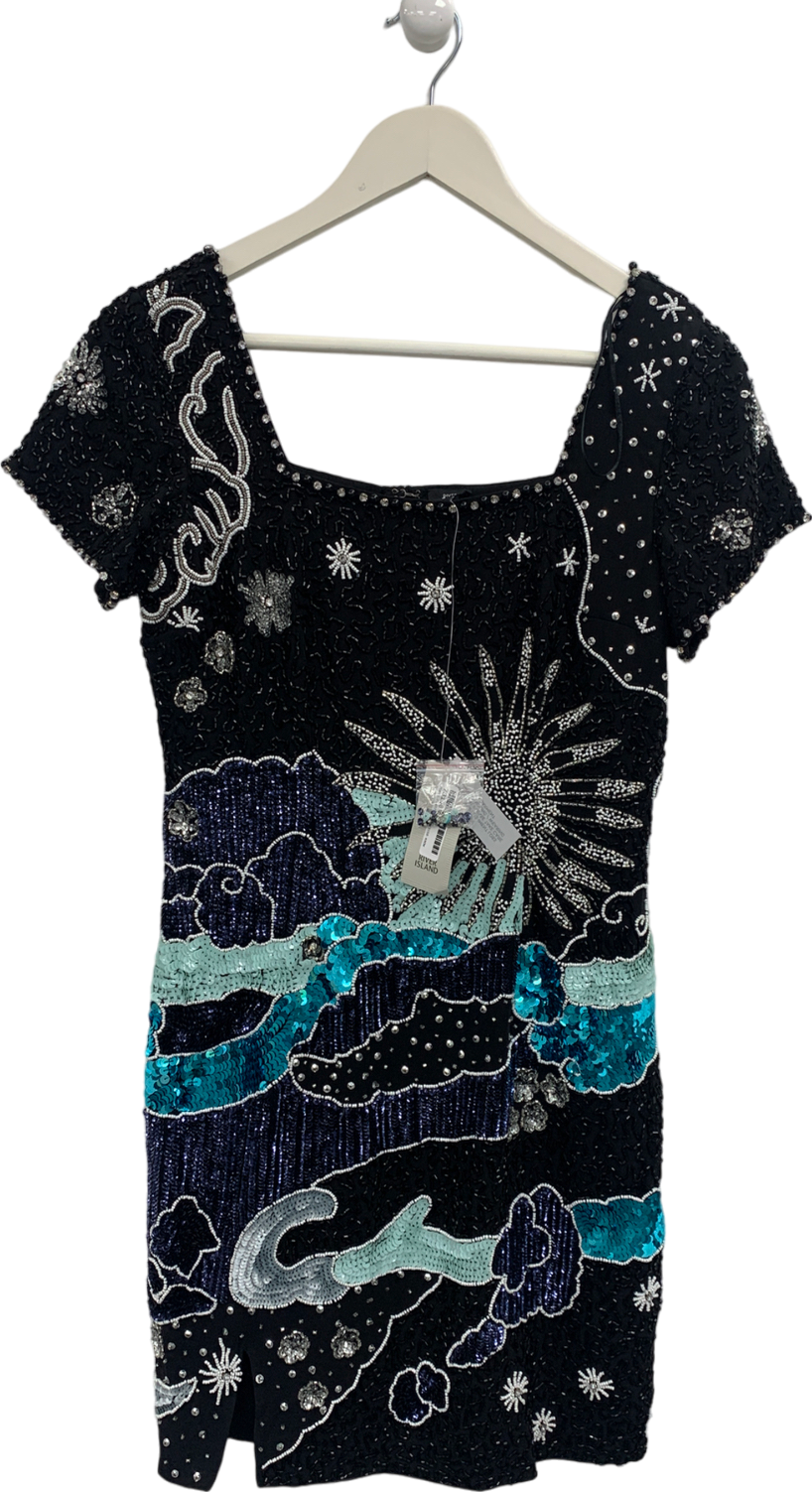 River Island Black Silk Sequin Bodycon Dress UK 8