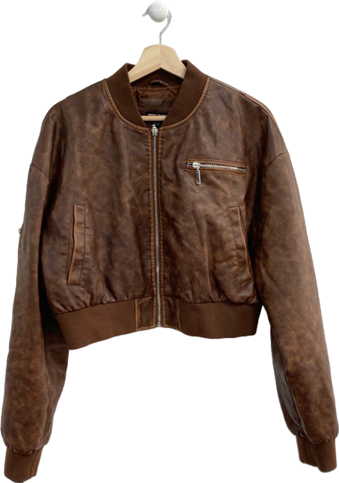 PrettyLittleThing Brown Faux Leather Cropped Bomber Jacket M