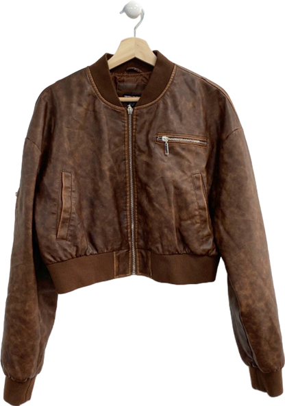 PrettyLittleThing Brown Faux Leather Cropped Bomber Jacket M