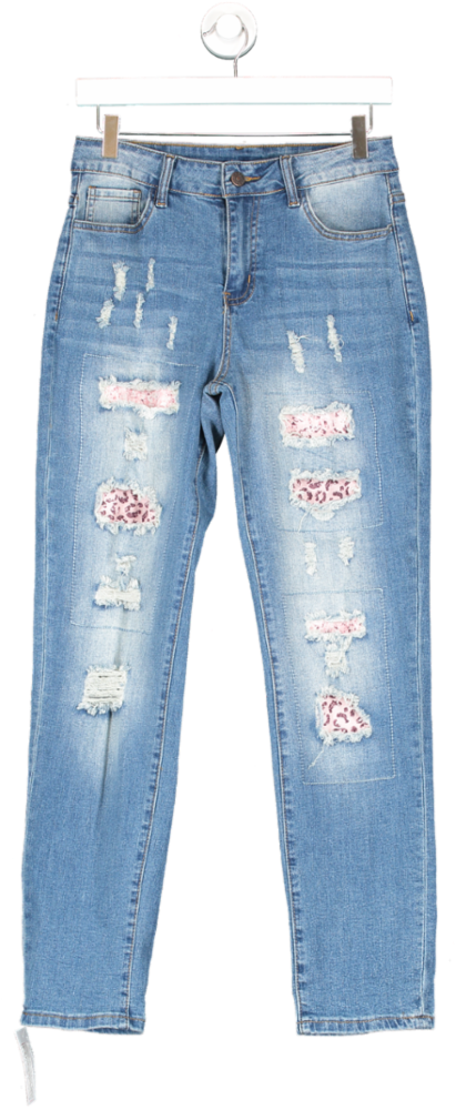 Evaless Blue Pink Leopard Ripped Patchwork Jeans UK 8