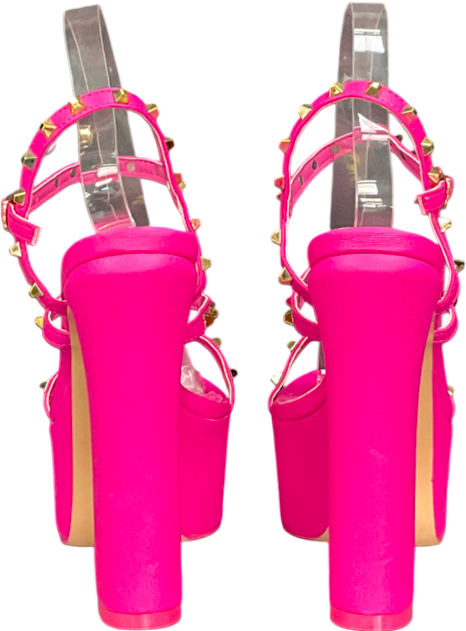 Public Desire Stefania Hot Pink Studded Cage Platform Round Toe Block Heels UK 6 EU 39 👠