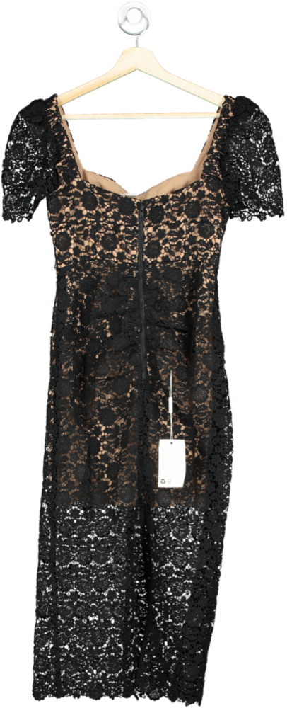 Self Portrait Black Guipure Lace Fitted Midi Dress with Diamante details UK 4