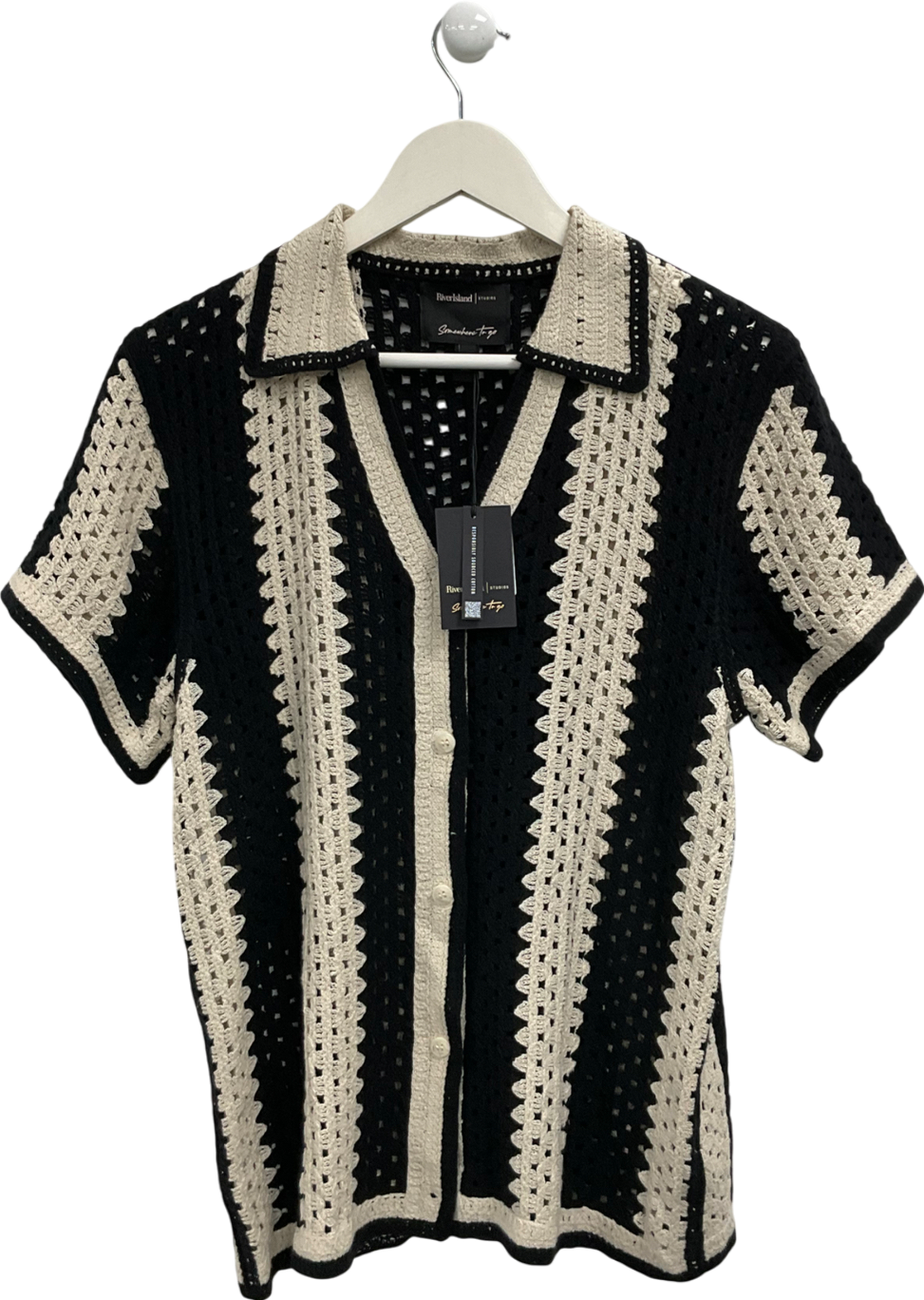 River Island Black Striped Crochet Polo Top UK XS