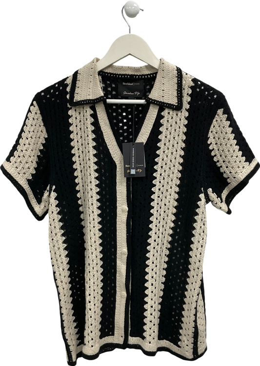 River Island Black Striped Crochet Polo Top UK XS