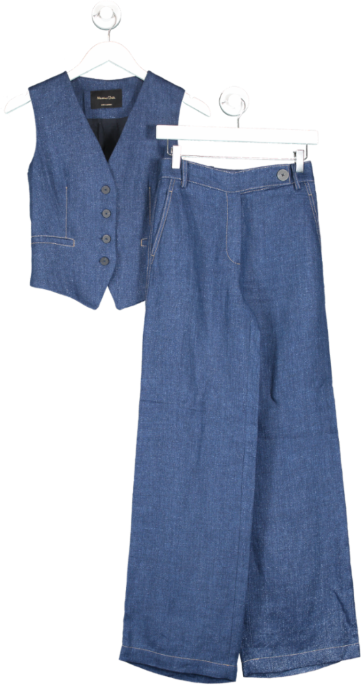 Massimo Dutti Blue Linen Waistcoat With Top Stitching & Matching Wide Leg Trousers UK 8