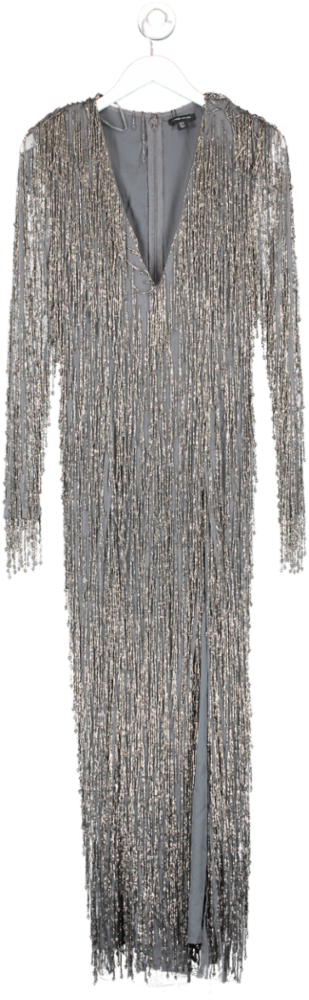 Karen Millen Grey Embellished Fringe Plunge Neck Maxi Dress UK 12