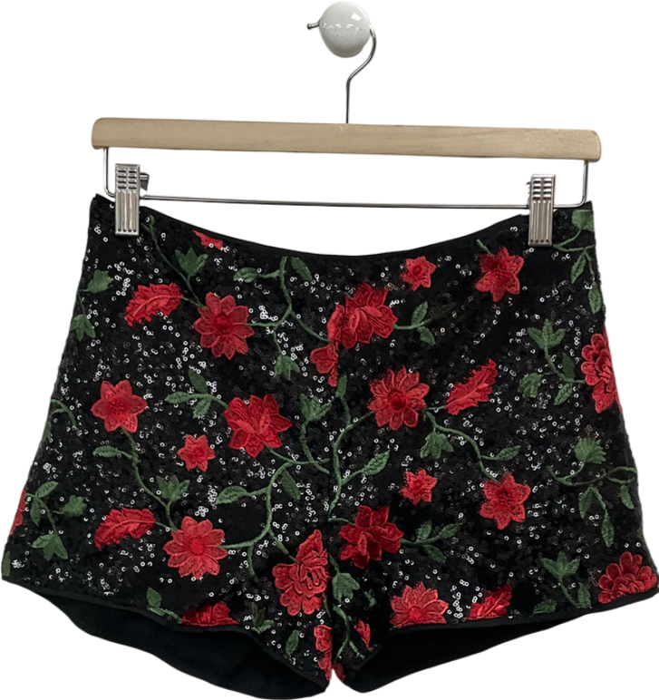 SLA the label Black Rose Sequin Mini Shorts UK XS