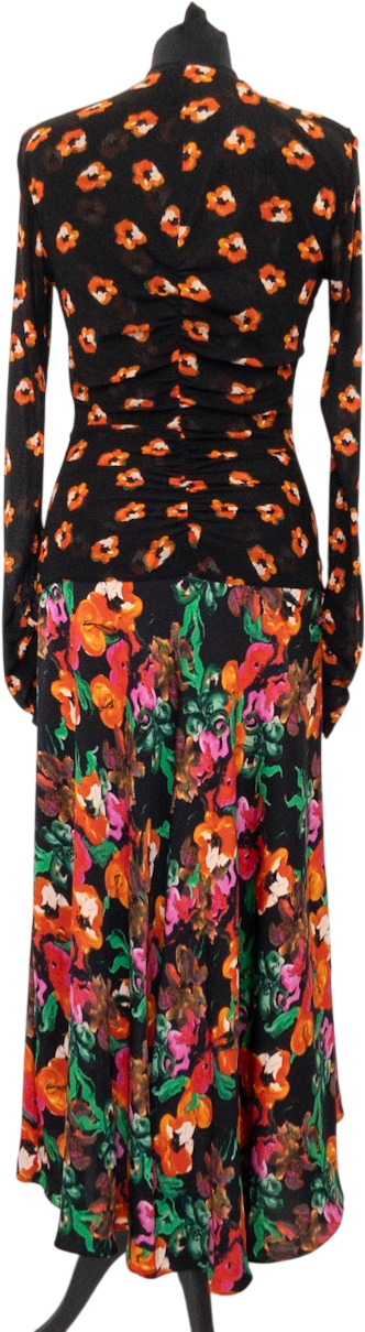 Diane von Furstenberg Black Multi Floral Print Silk Dipped Hem Maxi Dress UK M