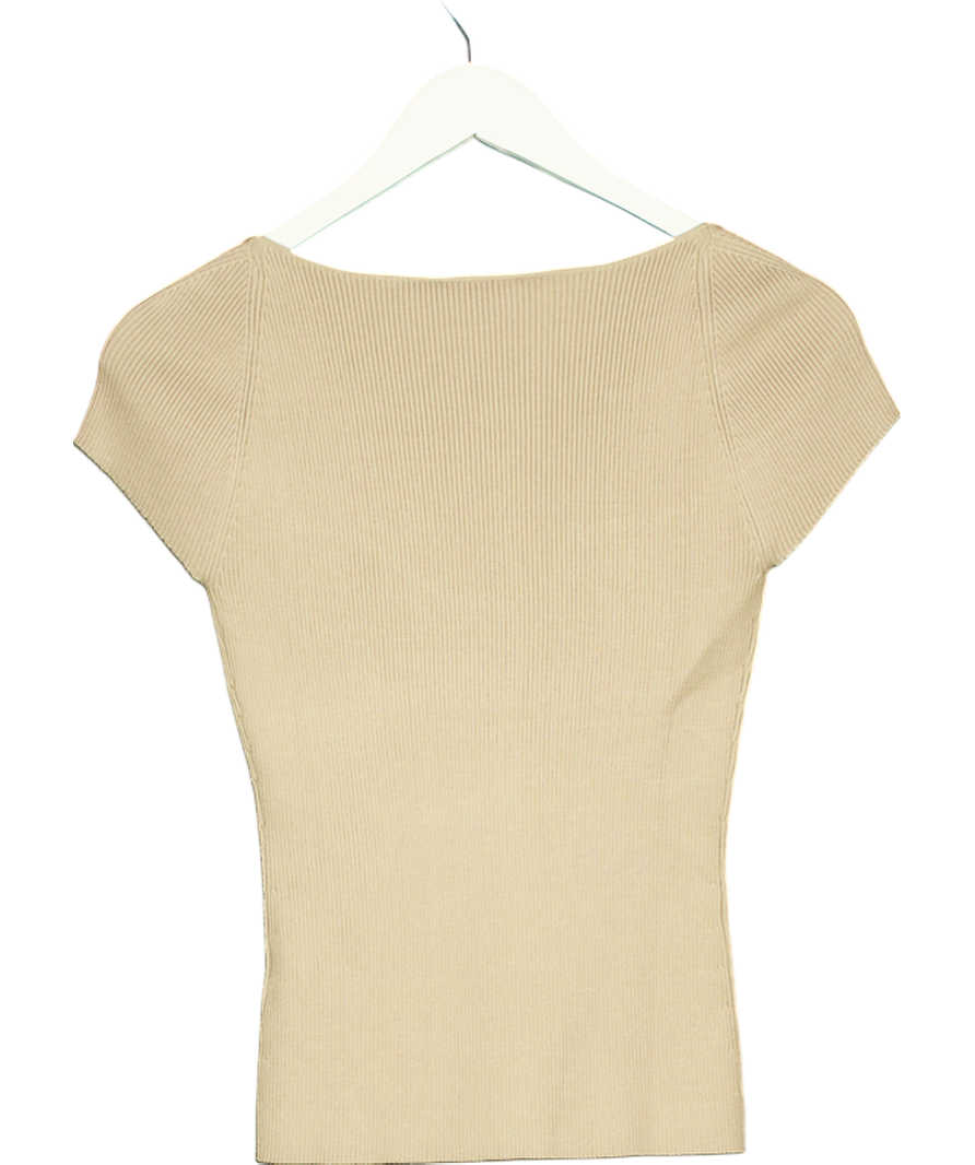 Lily Silk Beige Sweetheart Neck Ribbed Silk Knit Top UK M