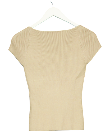 Lily Silk Beige Sweetheart Neck Ribbed Silk Knit Top UK M