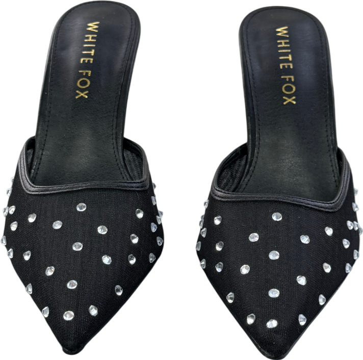 White Fox Feeling Festivecrystal Embellished Mule Heels Black UK 6 EU 39 👠