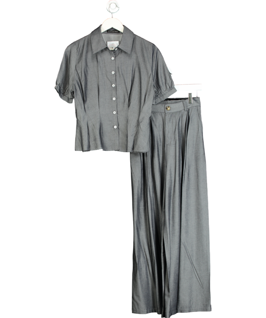 S.Deer Grey Vintage Lapel Belted Waist Shirt & Trouser Set UK S