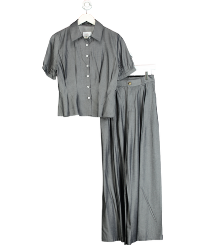 S.Deer Grey Vintage Lapel Belted Waist Shirt & Trouser Set UK S