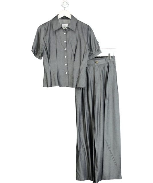 S.Deer Grey Vintage Lapel Belted Waist Shirt & Trouser Set UK S