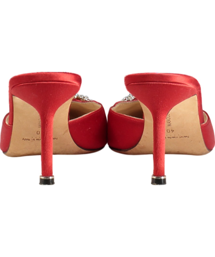 Manolo Blahnik Red Satin Jewel Buckle Hangisi Mules 70mm UK 7 EU 40 👠