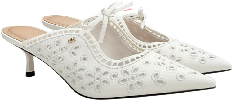 Charles & Keith White Leather Embroidered Heeled Mules UK 4 EU 37
