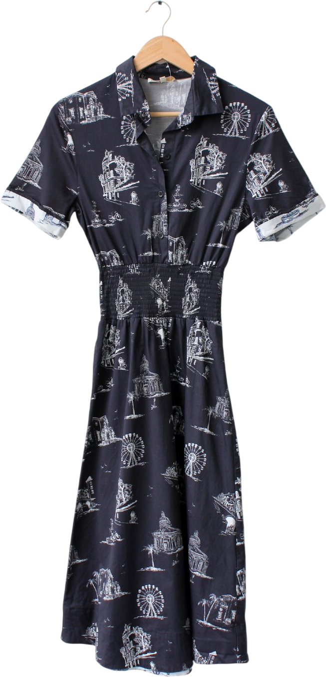 Maje Romila Navy Blue Print Cotton-blend Dress Sz2 UK 10