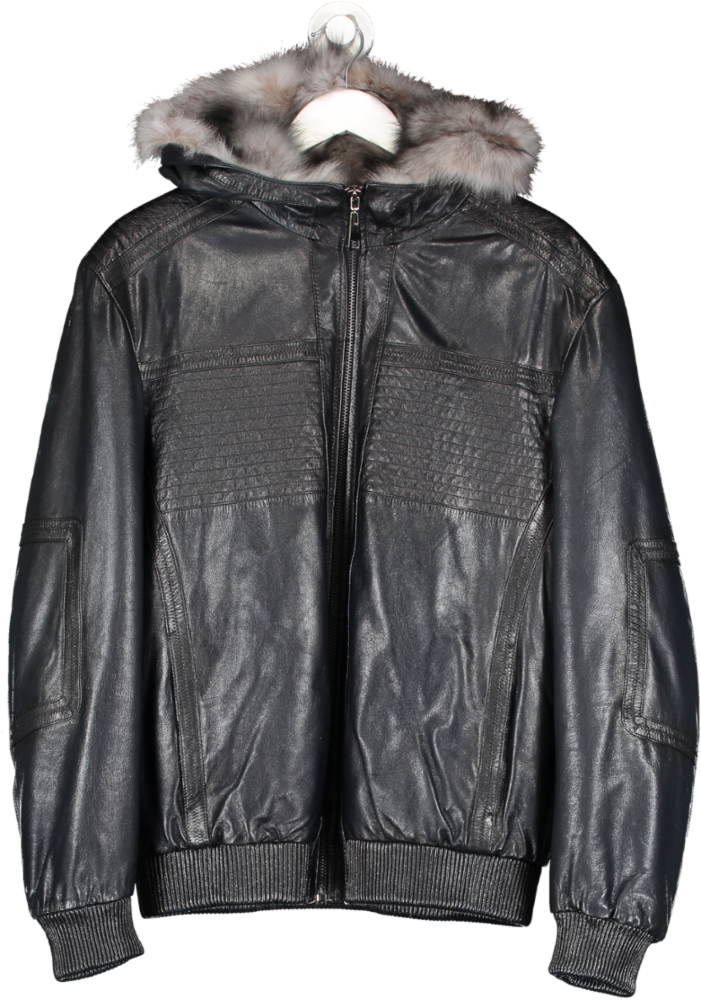 Helmsman Collection Blue Luxury Leather Hooded Bomber Jacket With Real Fur Lining UK 52"