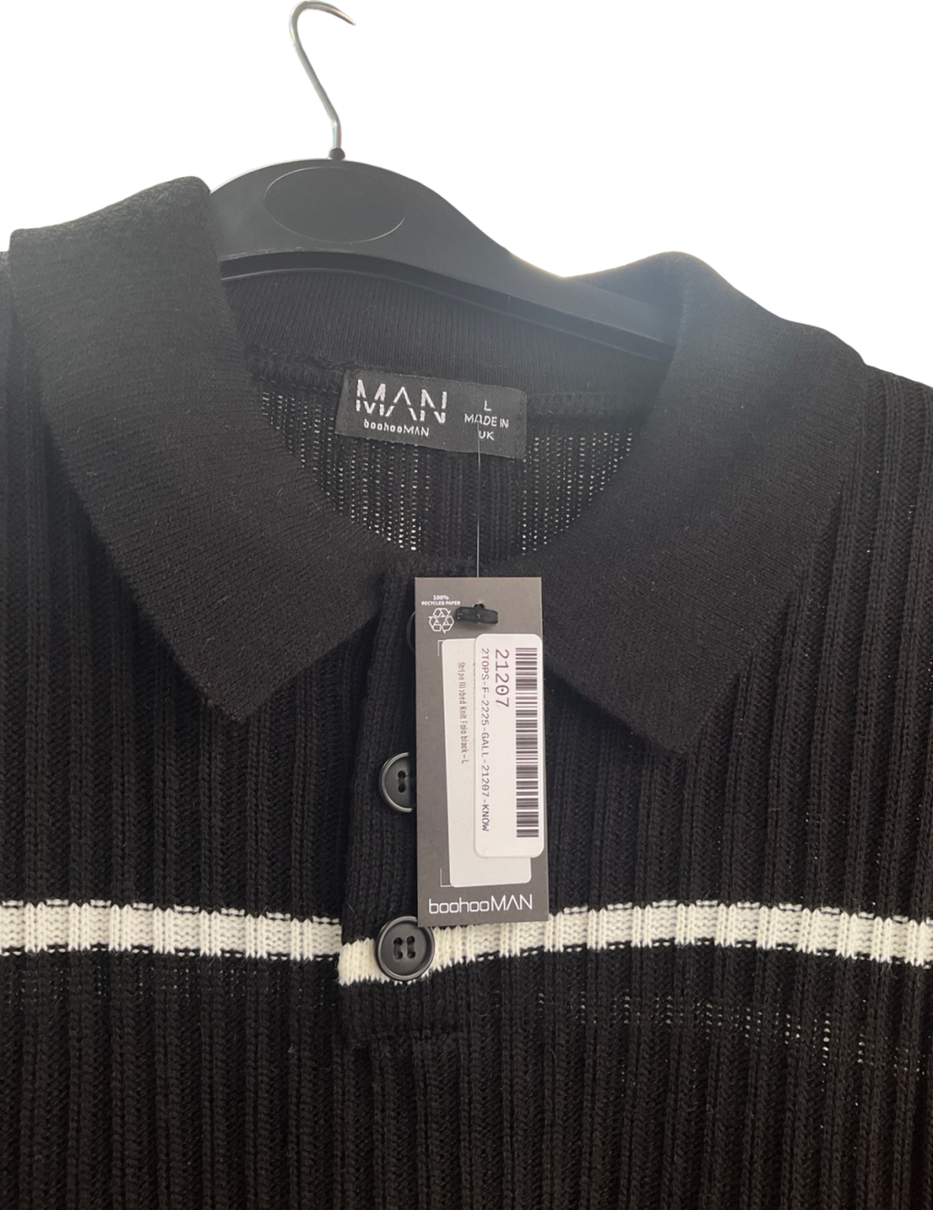 boohooMan Black Striped Knit Polo Shirt UK L