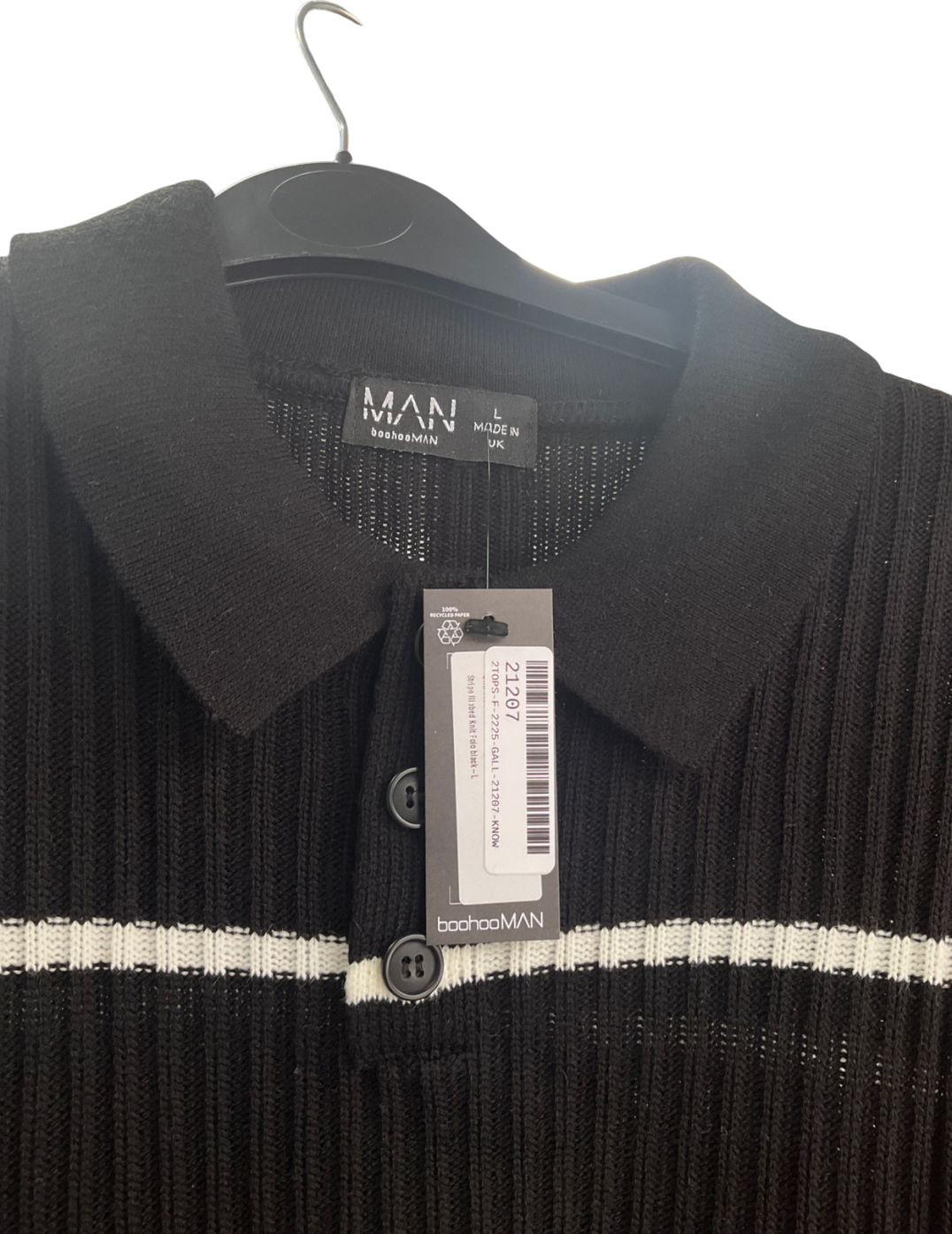 boohooMan Black Striped Knit Polo Shirt UK L