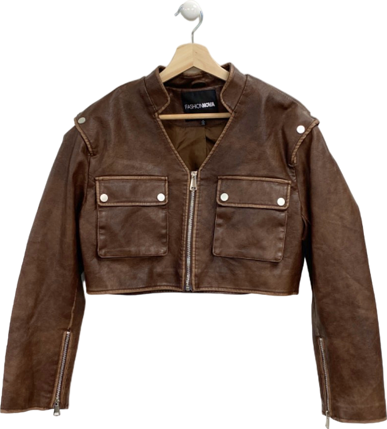 Fashion Nova Brown Cropped Faux Leather Jacket UK M