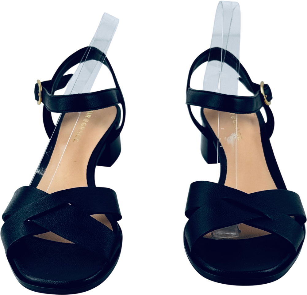 AIR & GRACE Black Leather Block Heeled Sandals UK 7 EU 40 👠