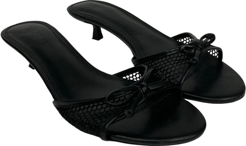 Topshop Black Imai Mesh Mid Heeled Mules With Bow Detail UK 6 EU 39 👠
