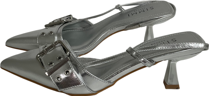 Simmi London Dala Pointed Kitten Heel Sling Backs With Eyelet Buckle Detail In Silver Metallic UK 5 EU 38 👠