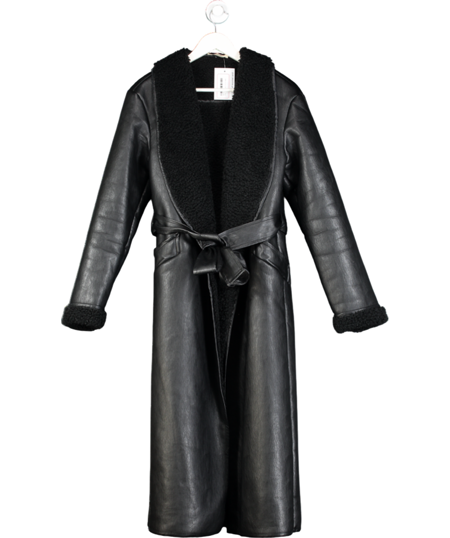 House of CB Black Saint Vegan Shearling Wrap Coat UK S