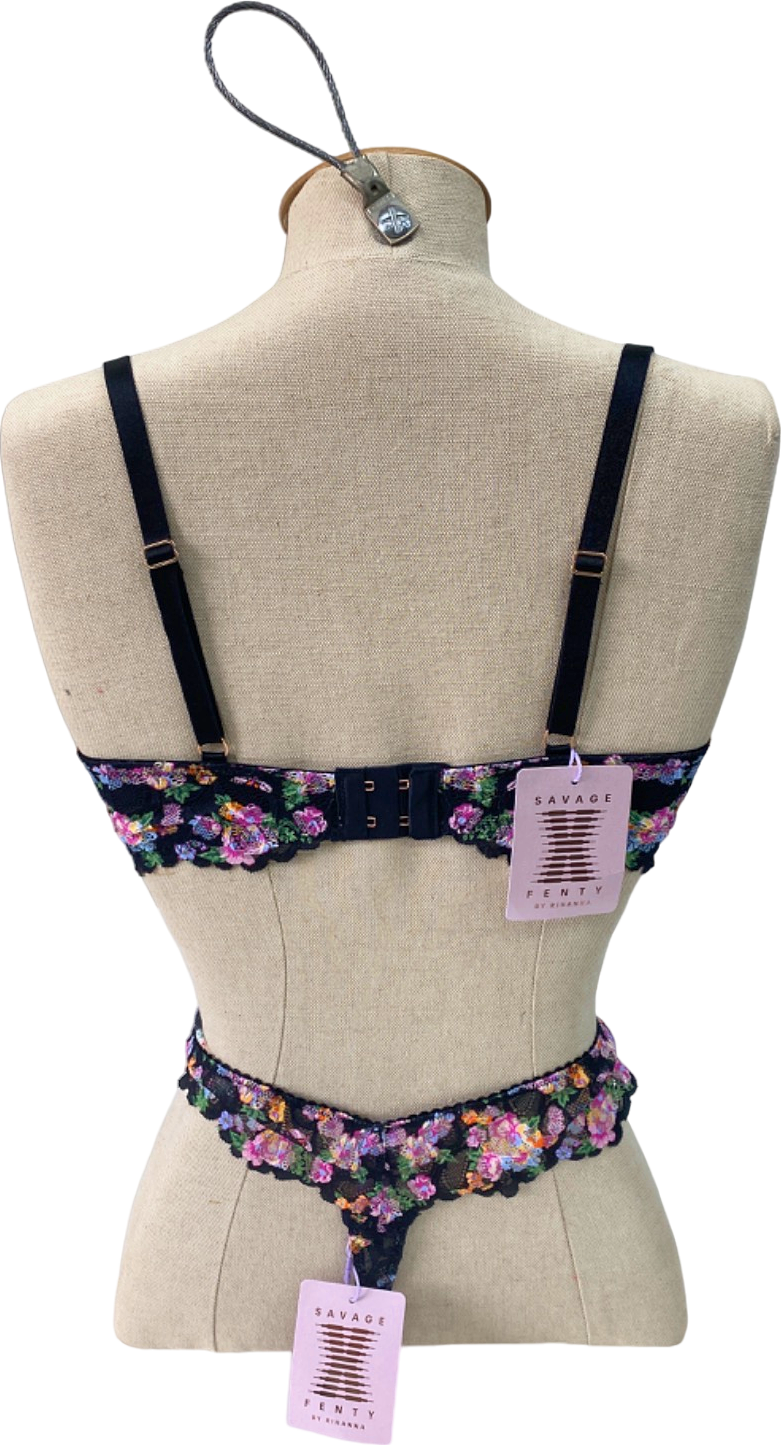 Savage x Fenty Black Floral Lace Bra and Thong Set Medium UK32F