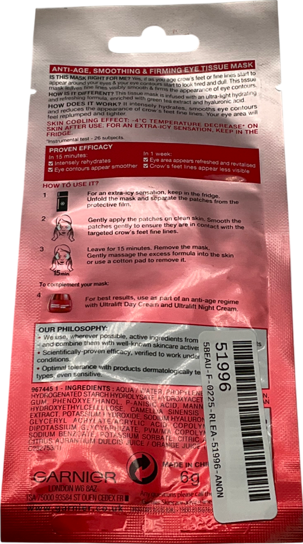 Garnier Ultra Lift Eye Tissue Mask One pair