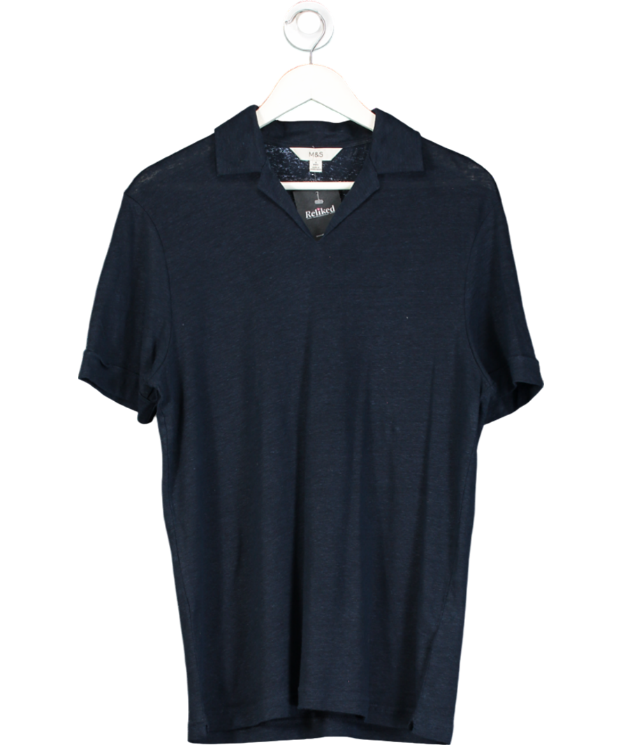 M&S Blue Cotton Rich Textured Polo Shirt UK S