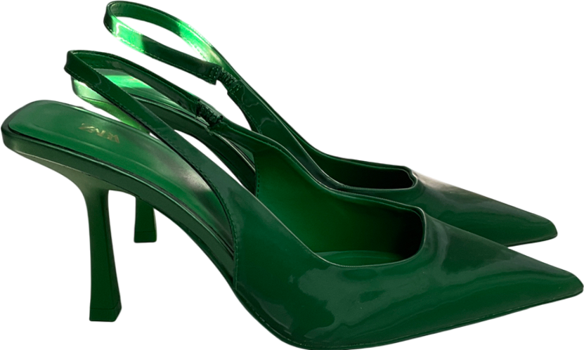 ZARA Green Squared Vamp And Heel Pointed Toe Slingback Heels UK 5 EU 38 👠